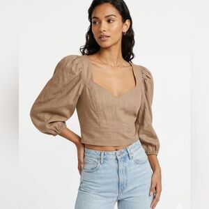 Express Brown Puff Sleeve Linen Blouse XSmall